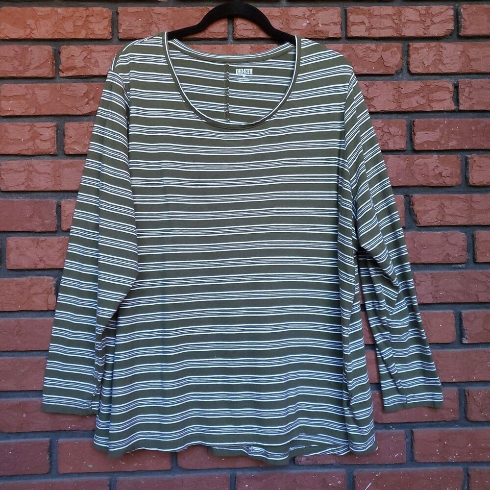 Duluth Trading Long Sleeve T Shirt Womens 3X Green White Striped 100% Cotton Tee
